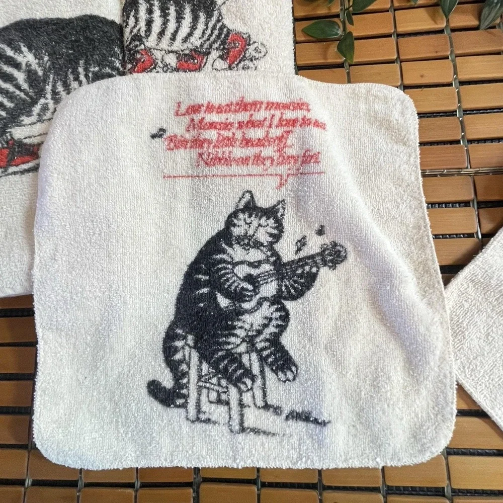 Vtg 70s 80s B Kliban Cat Bathroom Set 6pc Hand Towels Washcloths Handkerchiefs